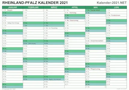 Vorschau Halbjahreskalender 2021 für EXCEL Rheinland-Pfalz