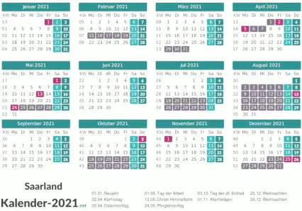 Ferien 2021 + Feiertage zum Ausdrucken - Saarland Vorschau