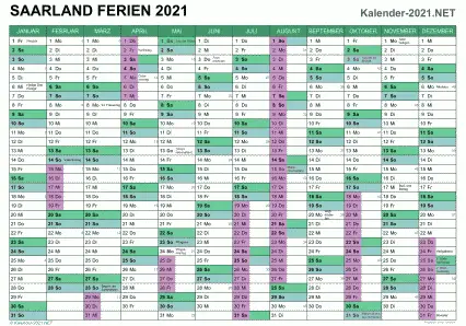 Vorschau EXCEL-Kalender 2021 mit den Ferien Saarland