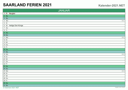 Vorschau EXCEL-Monatskalender 2021 mit den Ferien Saarland
