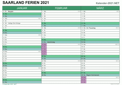 Quartalskalender 2021 zum Ausdrucken zum Ausdrucken - mit FerienSaarland Vorschau