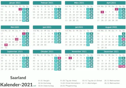 Saarland Kalender 2021 + Feiertage Vorschau
