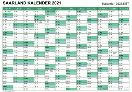 Vorschau Kalender 2021 für EXCEL mit Feiertagen Saarland