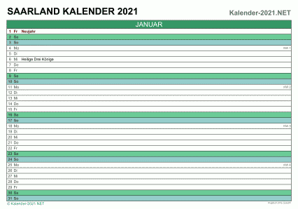 Vorschau Monatskalender 2021 für EXCEL Saarland