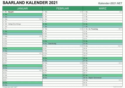 Vorschau Quartalskalender 2021 für EXCEL Saarland