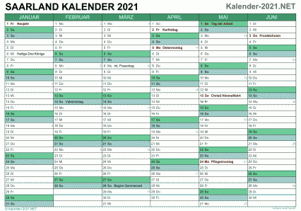 Vorschau Halbjahreskalender 2021 für EXCEL Saarland