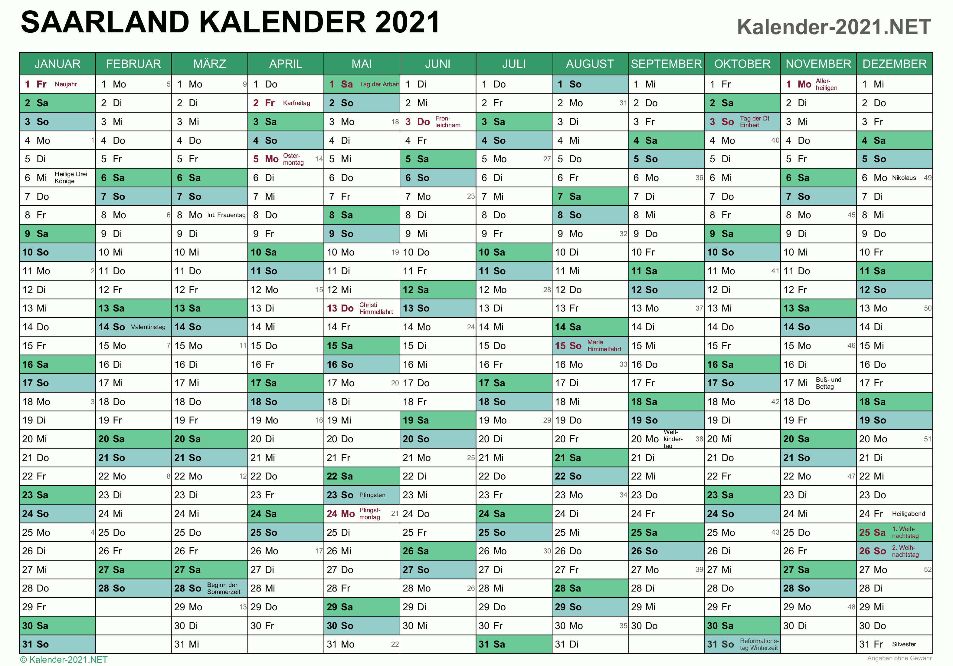 Kalender 2021 Saarland