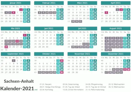 Ferien 2021 + Feiertage zum Ausdrucken - Sachsen-Anhalt Vorschau