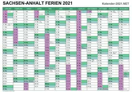 Vorschau EXCEL-Kalender 2021 mit den Ferien Sachsen-Anhalt