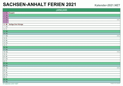 Vorschau EXCEL-Monatskalender 2021 mit den Ferien Sachsen-Anhalt