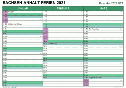 Quartalskalender 2021 zum Ausdrucken zum Ausdrucken - mit FerienSachsen-Anhalt Vorschau