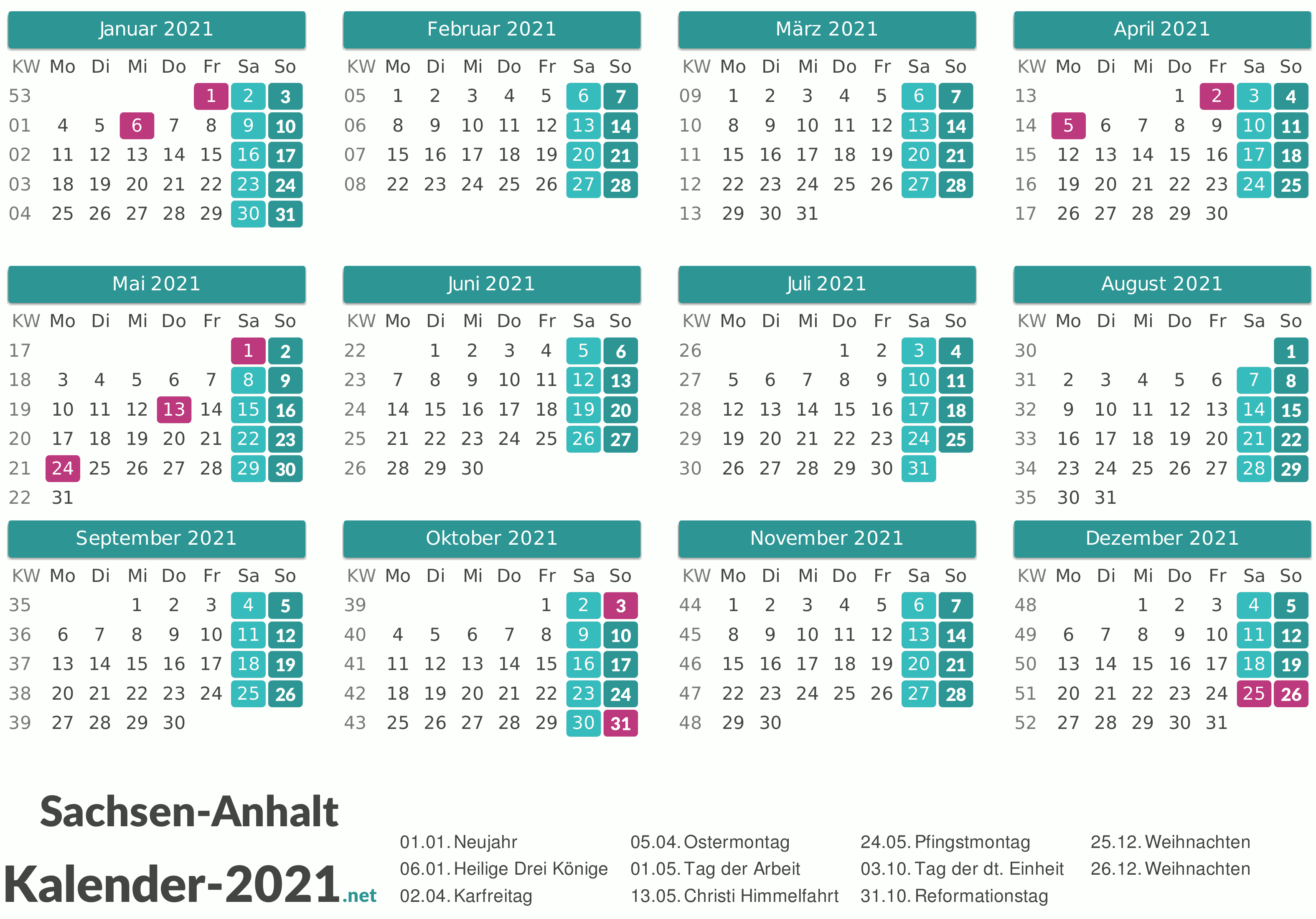Kalender 2021 Sachsen-Anhalt