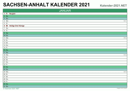 Vorschau Monatskalender 2021 für EXCEL Sachsen-Anhalt