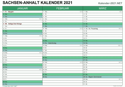 Vorschau Quartalskalender 2021 für EXCEL Sachsen-Anhalt