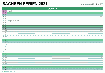 Vorschau EXCEL-Monatskalender 2021 mit den Ferien Sachsen