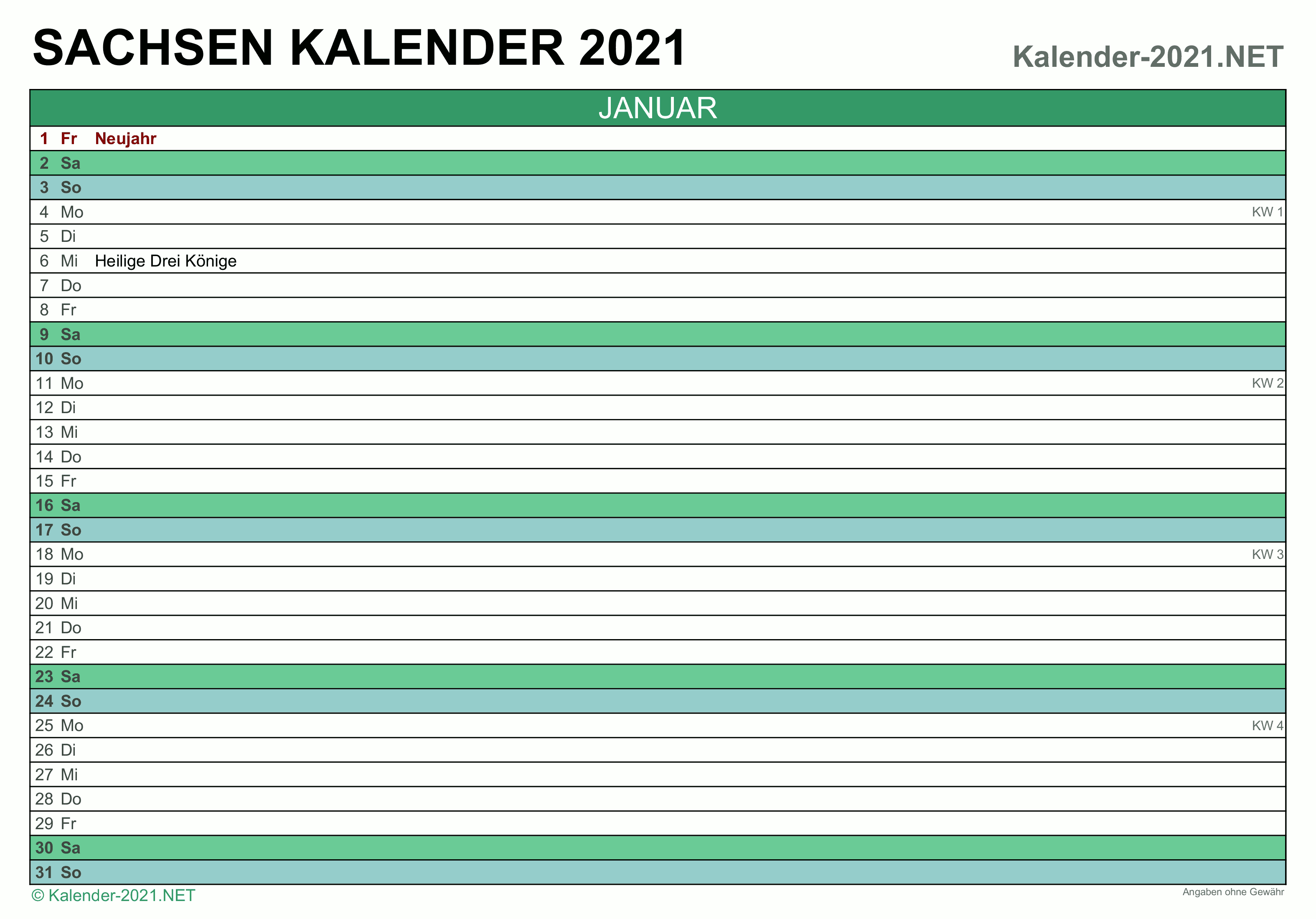 Kalender 2021 Sachsen