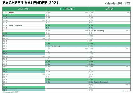 Vorschau Quartalskalender 2021 für EXCEL Sachsen