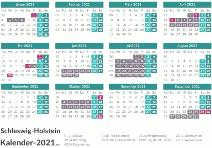 Ferien 2021 + Feiertage zum Ausdrucken - Schleswig-Holstein Vorschau