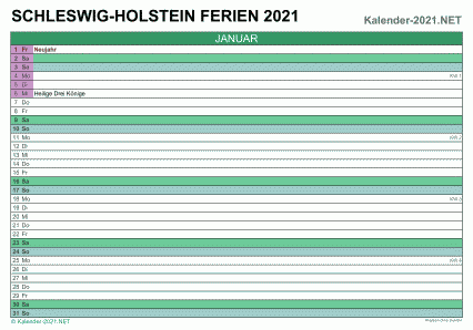 Vorschau EXCEL-Monatskalender 2021 mit den Ferien Schleswig-Holstein