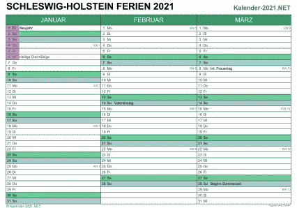 Vorschau EXCEL-Quartalskalender 2021 mit den Ferien Schleswig-Holstein
