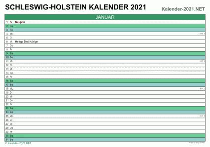 Vorschau Monatskalender 2021 für EXCEL Schleswig-Holstein
