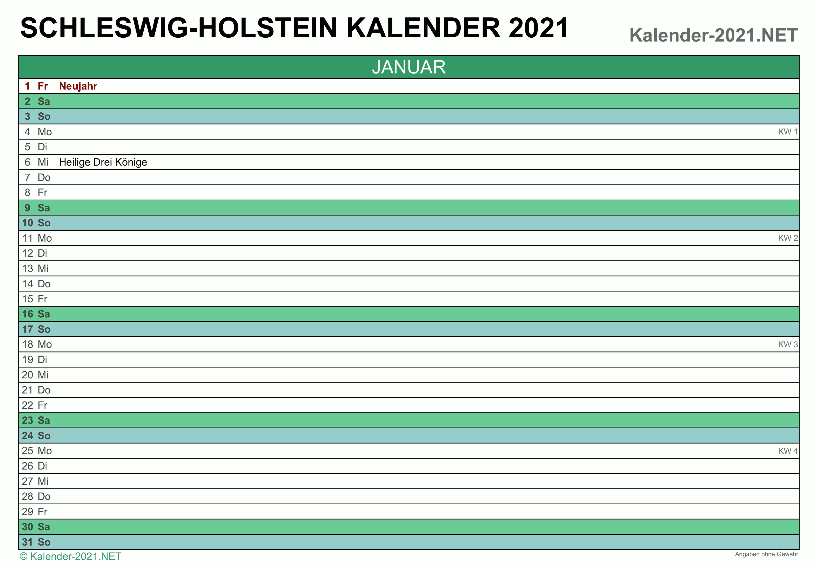 Kalender 2021 Schleswig-Holstein