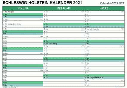 Vorschau Quartalskalender 2021 für EXCEL Schleswig-Holstein