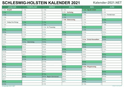 Vorschau Halbjahreskalender 2021 für EXCEL Schleswig-Holstein