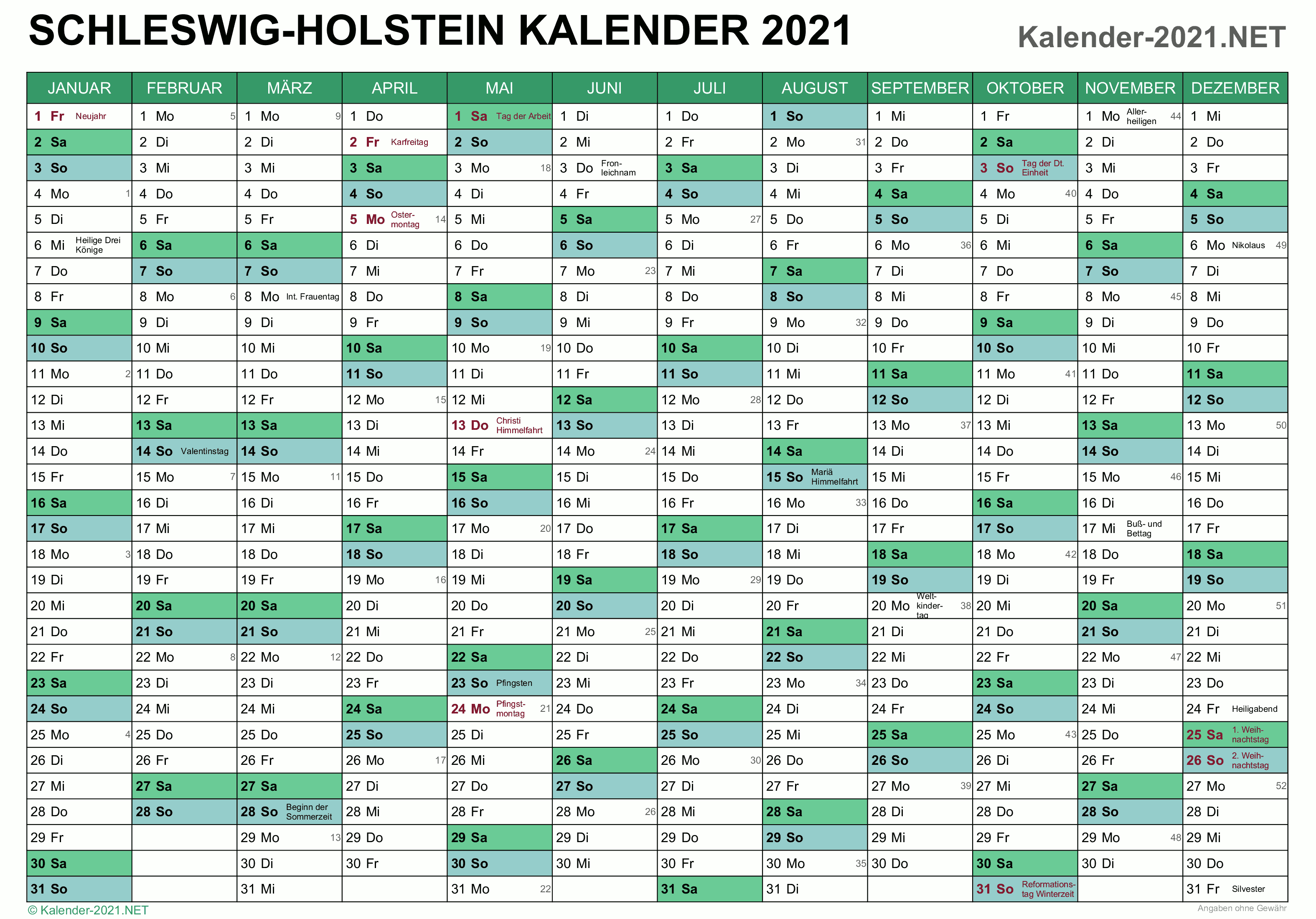 Kalender 2021 Schleswig-Holstein