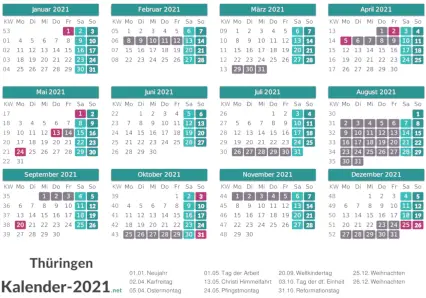 Ferien 2021 + Feiertage zum Ausdrucken - Thüringen Vorschau