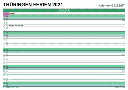 Vorschau EXCEL-Monatskalender 2021 mit den Ferien Thüringen
