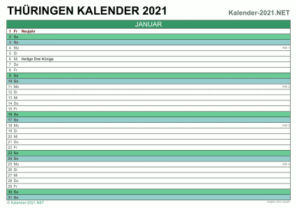 Vorschau Monatskalender 2021 für EXCEL Thüringen