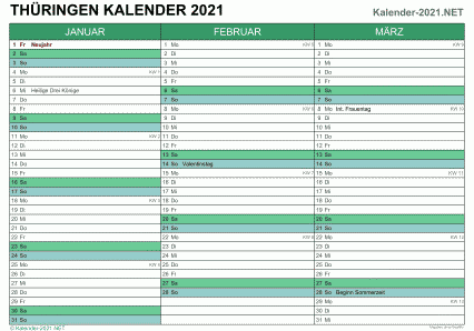 Vorschau Quartalskalender 2021 für EXCEL Thüringen