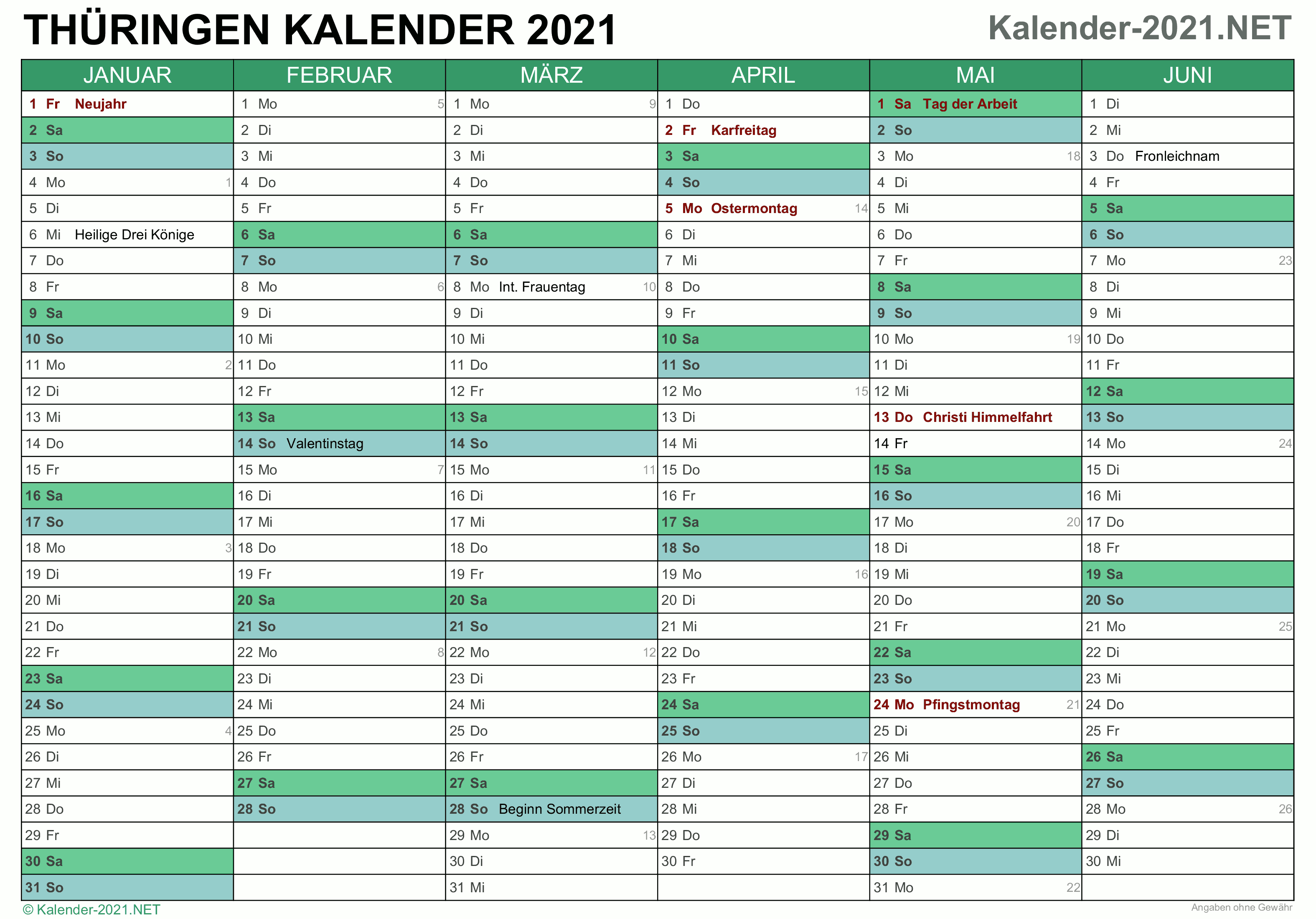 Kalender 2021 Thuringen