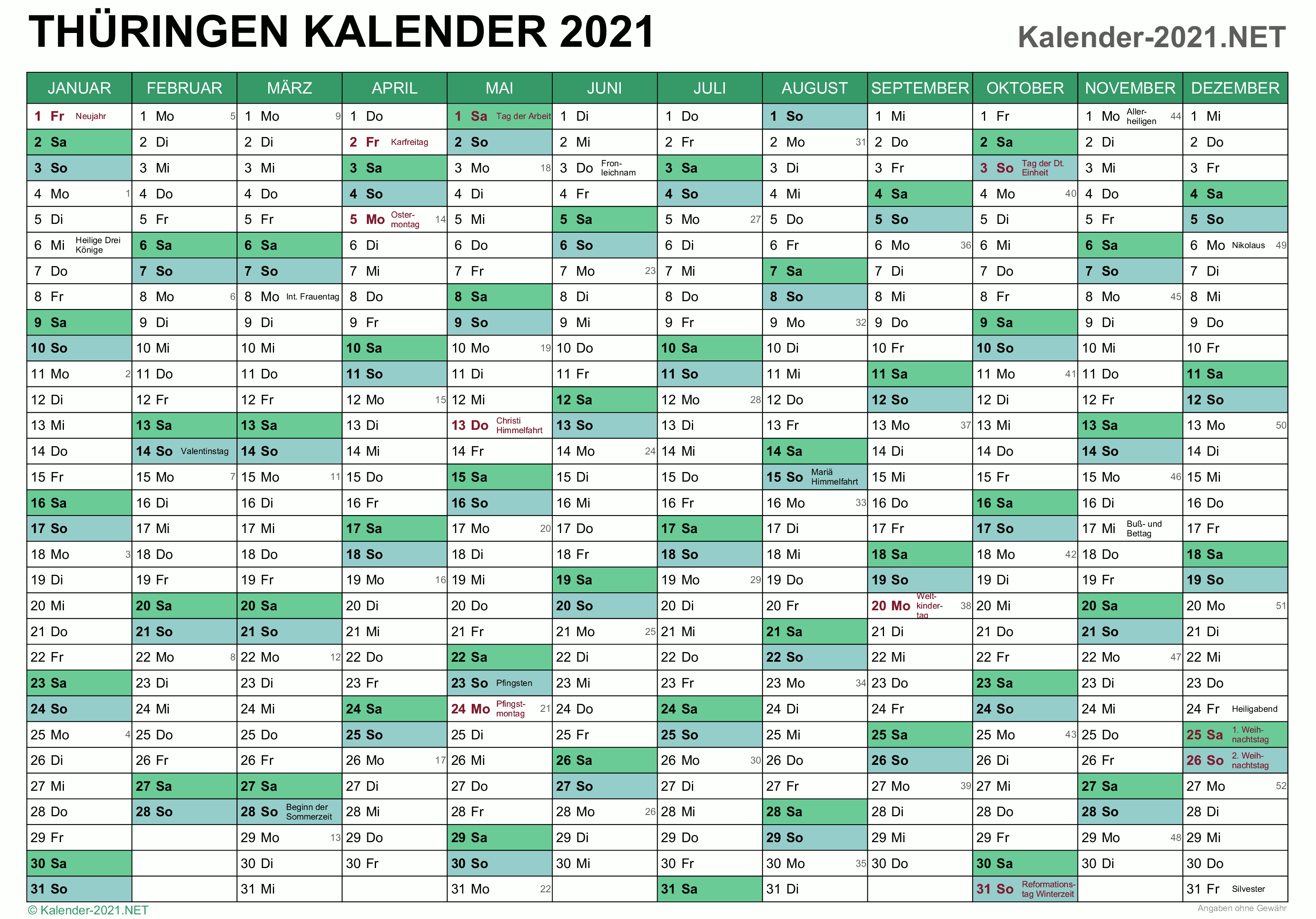 Kalender 2021 Thuringen. 